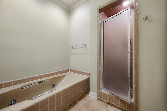 bathroom featuring a bath, crown molding, tile patterned flooring, and a stall shower