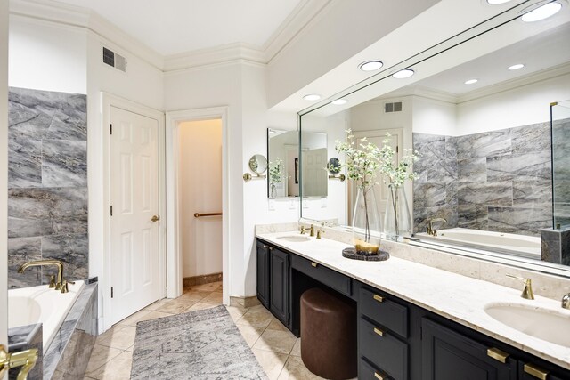 full bath featuring visible vents, ornamental molding, and a sink