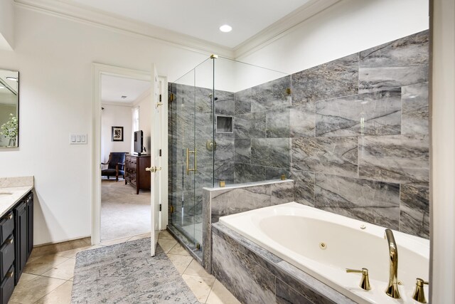 bathroom featuring a shower stall, a tub with jets, crown molding, connected bathroom, and vanity