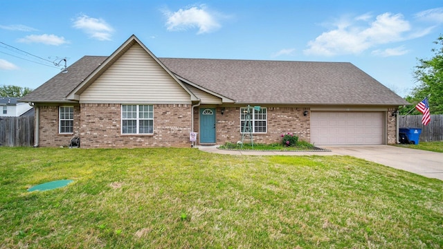 ranch-style house featuring brick siding, fence, driveway, and an attached garage