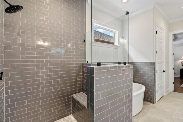 428 Catawba Valley Dr, Collierville, TN 38017 - bathroom featuring tile walls, a freestanding bath, ornamental molding, a walk in shower, and recessed lighting