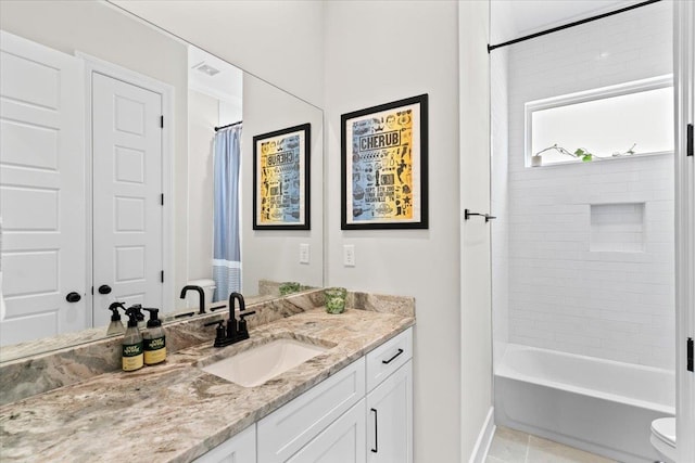 428 Catawba Valley Dr, Collierville, TN 38017 - full bath featuring vanity, shower / bathtub combination with curtain, baseboards, tile patterned flooring, and visible vents