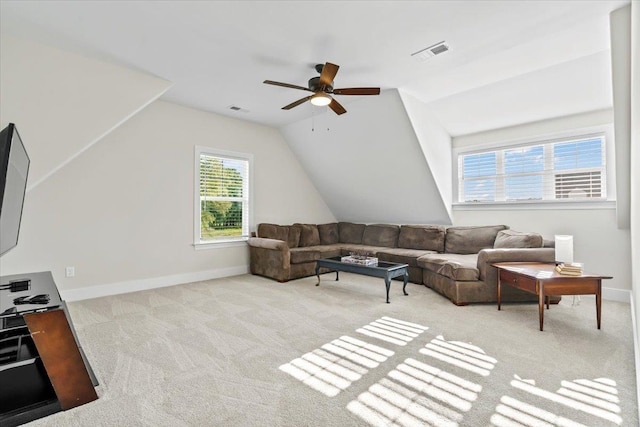 428 Catawba Valley Dr, Collierville, TN 38017 - carpeted living area with lofted ceiling, visible vents, baseboards, and ceiling fan