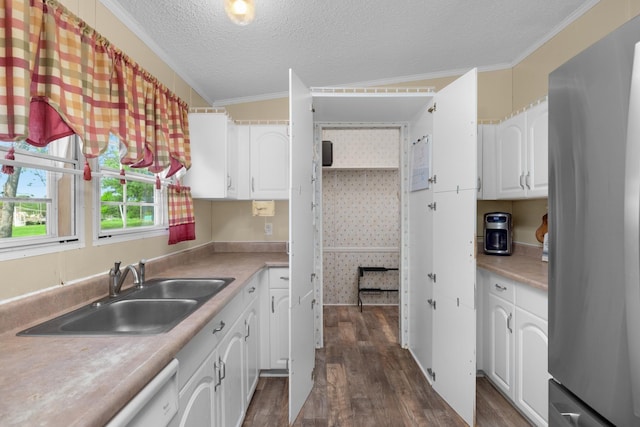 kitchen featuring white cabinets, freestanding refrigerator, a sink, and dark wood finished floors