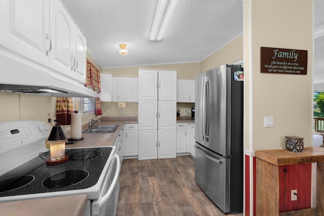 kitchen with white electric range oven, a sink, white cabinets, dark wood finished floors, and freestanding refrigerator