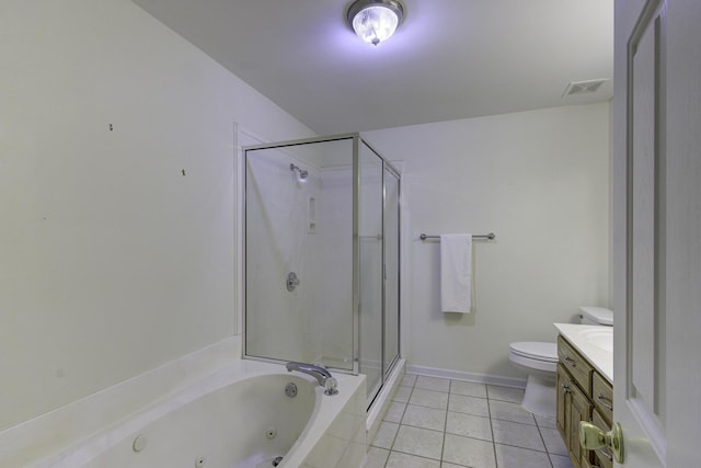 full bath featuring tile patterned flooring, a jetted tub, visible vents, vanity, and a stall shower