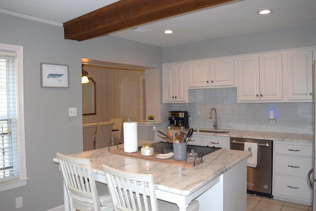 kitchen with white cabinets, decorative backsplash, stainless steel dishwasher, and a sink