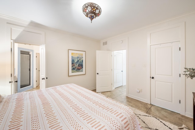 bedroom featuring visible vents, ornamental molding, and light tile patterned floors