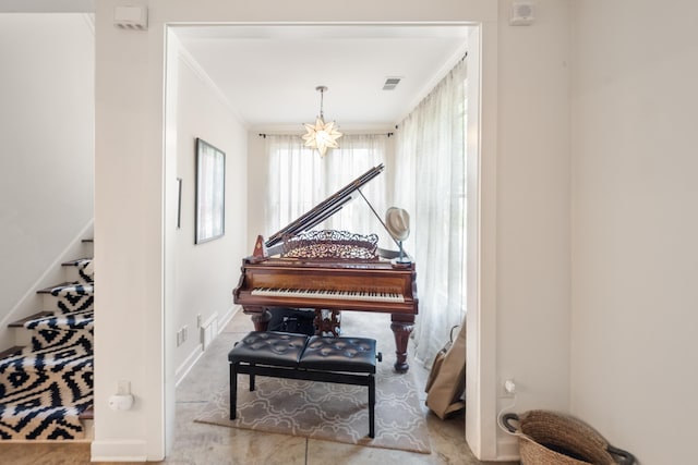 sitting room with baseboards, visible vents, stairs, and crown molding