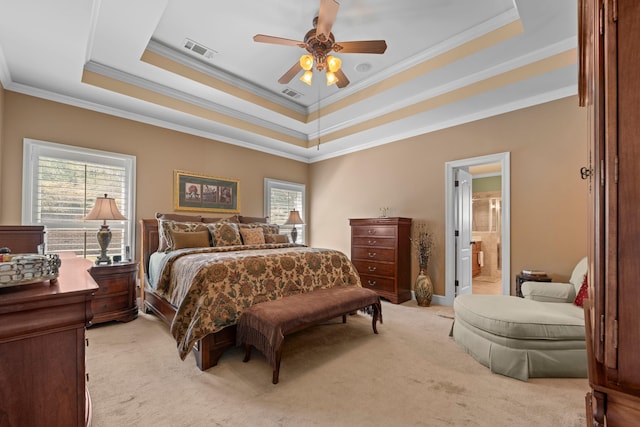 93 Eagle Glade Cv, Cordova, TN 38018 - bedroom with light colored carpet, visible vents, a raised ceiling, and ornamental molding