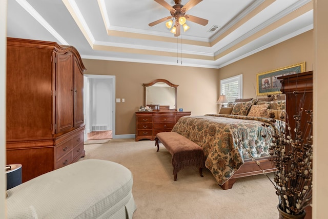 93 Eagle Glade Cv, Cordova, TN 38018 - bedroom featuring ornamental molding, visible vents, light carpet, and a tray ceiling
