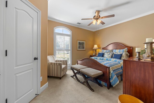 93 Eagle Glade Cv, Cordova, TN 38018 - bedroom featuring a ceiling fan, visible vents, light carpet, baseboards, and ornamental molding