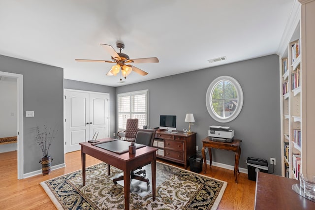 93 Eagle Glade Cv, Cordova, TN 38018 - home office featuring a ceiling fan, visible vents, a wealth of natural light, and light wood-type flooring