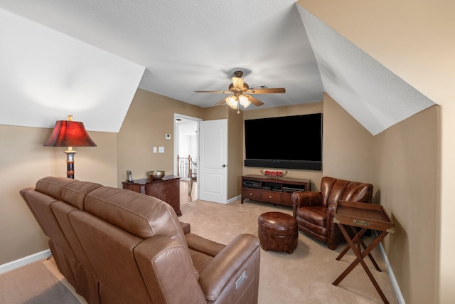 93 Eagle Glade Cv, Cordova, TN 38018 - living area with a ceiling fan, vaulted ceiling, light carpet, and baseboards