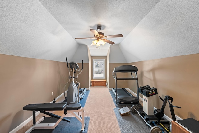 93 Eagle Glade Cv, Cordova, TN 38018 - workout room with a textured ceiling, carpet floors, baseboards, vaulted ceiling, and a ceiling fan