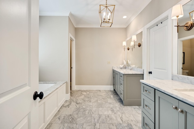 bathroom with recessed lighting, a notable chandelier, two vanities, marble finish floor, and ornamental molding