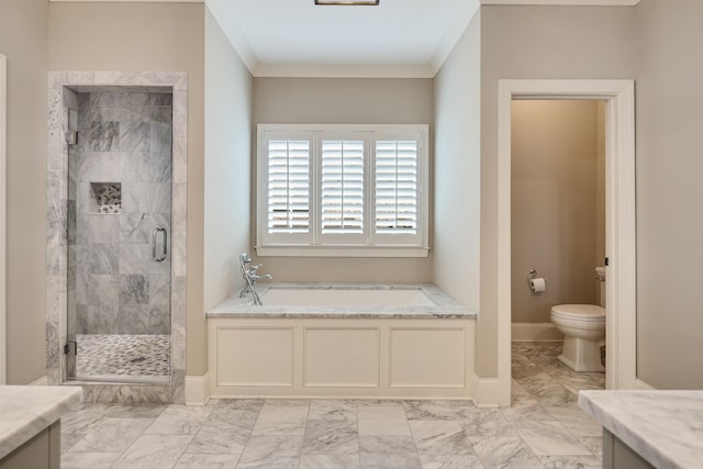 bathroom with a shower stall, baseboards, toilet, a bath, and marble finish floor