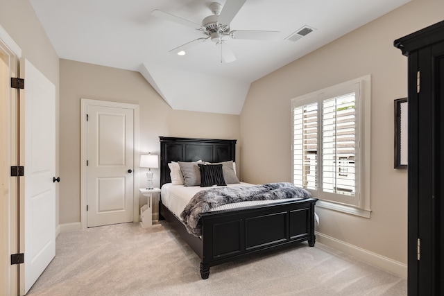 bedroom with visible vents, ceiling fan, light carpet, and baseboards