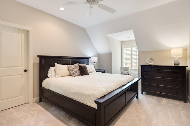 bedroom with light colored carpet, ceiling fan, recessed lighting, and vaulted ceiling