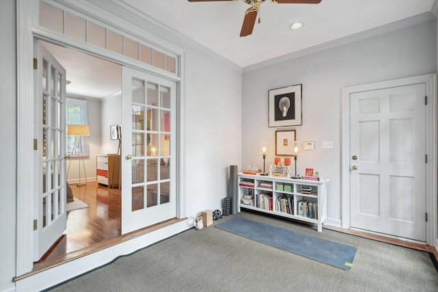 doorway to outside with baseboards, recessed lighting, ornamental molding, and ceiling fan
