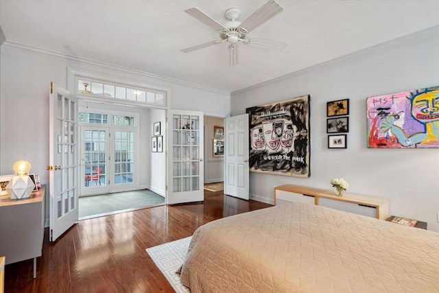 bedroom featuring ornamental molding, hardwood / wood-style floors, french doors, and baseboards