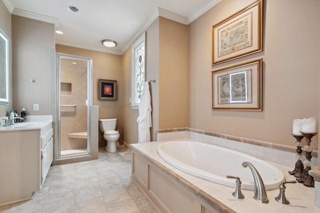 full bath featuring a shower stall, toilet, crown molding, and vanity