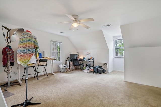 game room with visible vents, a wealth of natural light, and ceiling fan