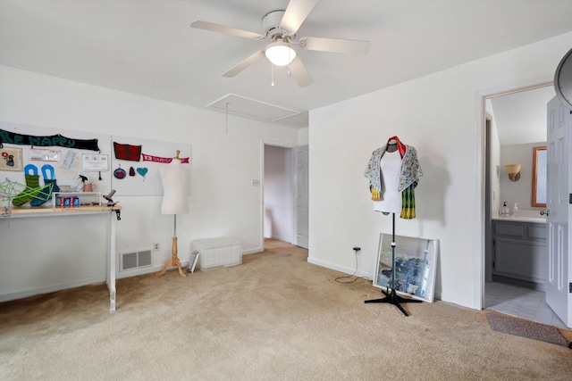 bedroom featuring visible vents, attic access, carpet floors, and connected bathroom