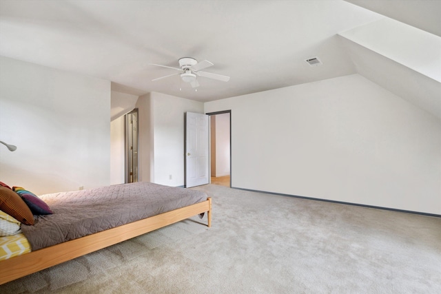 bedroom with visible vents, ceiling fan, light colored carpet, and baseboards