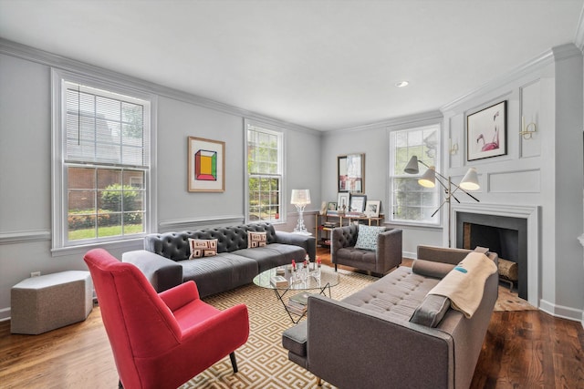 living room with a fireplace, wood finished floors, crown molding, and baseboards