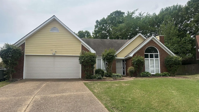 ranch-style home with a front lawn, brick siding, a chimney, concrete driveway, and an attached garage