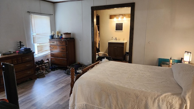 bedroom with wood finished floors and a sink