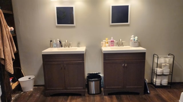 bathroom with two vanities, wood finished floors, and a sink