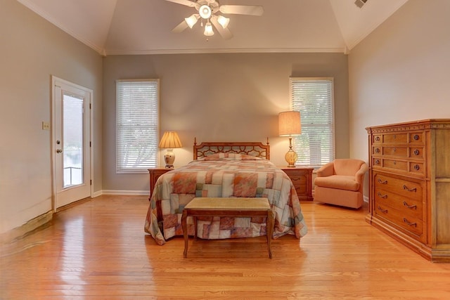 bedroom with access to exterior, a ceiling fan, light wood-style floors, and lofted ceiling