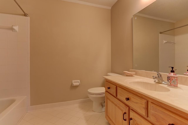 full bathroom featuring tile patterned floors, ornamental molding, toilet, shower / tub combination, and vanity