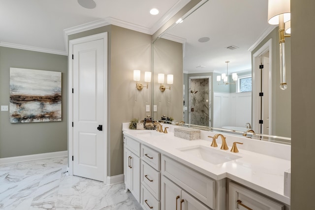 515 Saunders Creek Cir, Rossville, TN 38066 - full bath with ornamental molding, a tile shower, double vanity, and a sink
