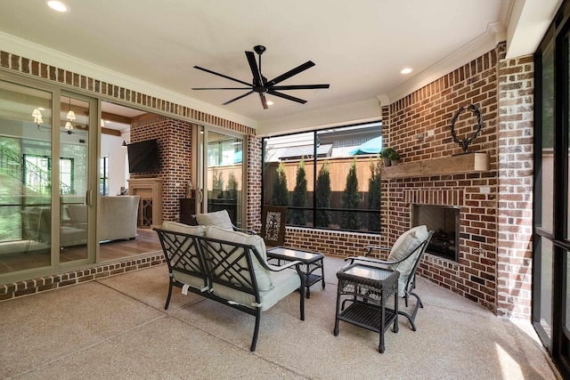 515 Saunders Creek Cir, Rossville, TN 38066 - sunroom featuring an outdoor living space with a fireplace and a ceiling fan