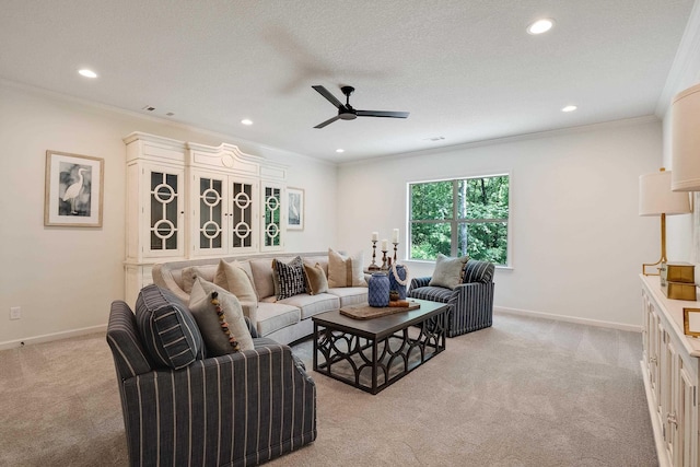 515 Saunders Creek Cir, Rossville, TN 38066 - living area with recessed lighting, ceiling fan, crown molding, baseboards, and light colored carpet