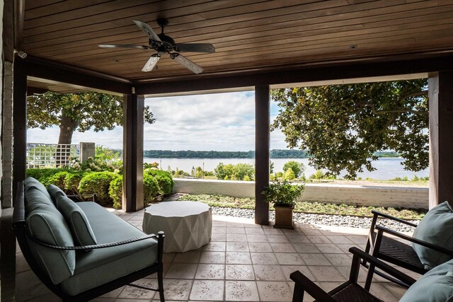 sunroom / solarium with wood ceiling, ceiling fan, and a water view