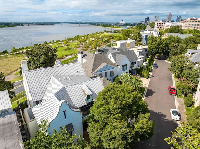 bird's eye view with a water view