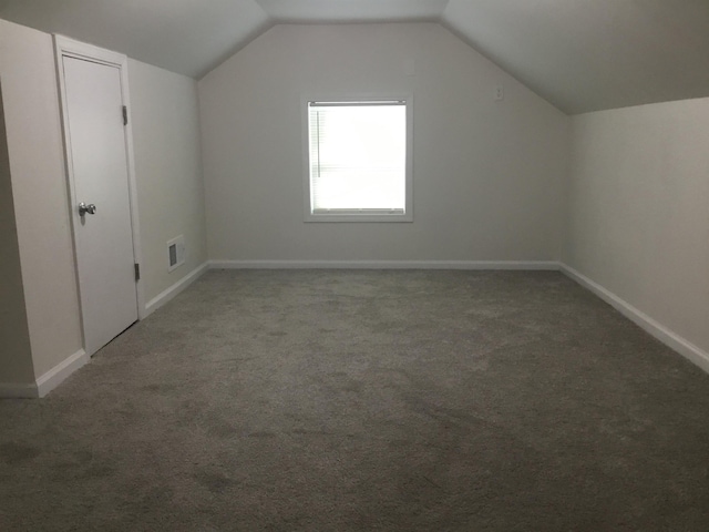 additional living space with visible vents, baseboards, vaulted ceiling, and carpet floors