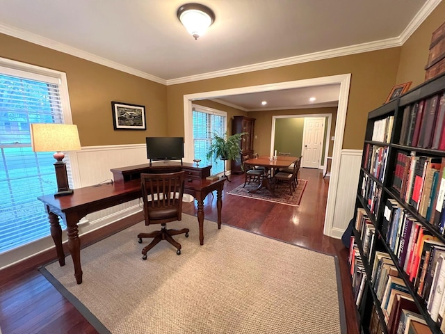 office featuring ornamental molding, dark wood finished floors, and wainscoting