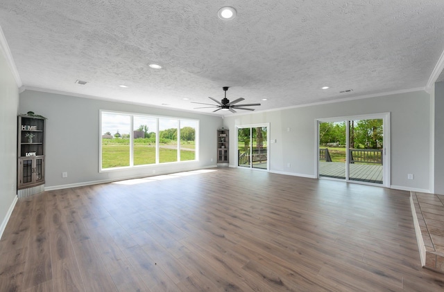 unfurnished living room featuring wood finished floors, ceiling fan, crown molding, and a textured ceiling