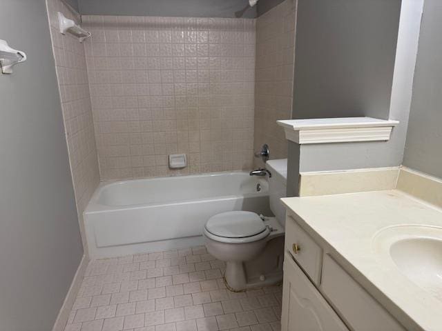 bathroom with bathtub / shower combination, vanity, toilet, and tile patterned flooring