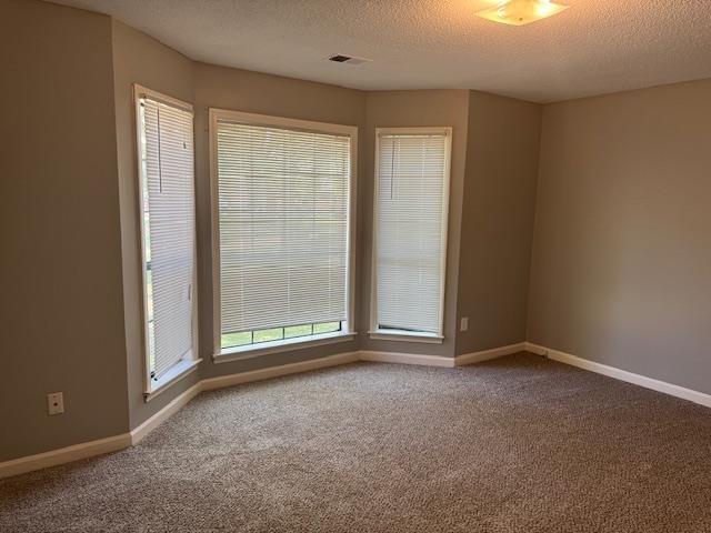 spare room featuring carpet flooring, a textured ceiling, visible vents, and baseboards