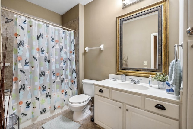 full bath featuring toilet, tile patterned floors, shower / bath combination with curtain, and vanity