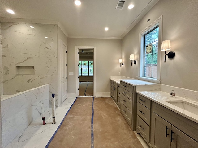 bathroom with recessed lighting, marble finish floor, vanity, baseboards, and visible vents
