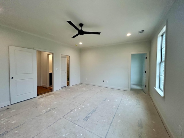 unfurnished bedroom with recessed lighting, baseboards, visible vents, a ceiling fan, and crown molding