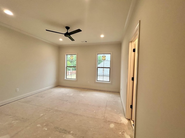 spare room with baseboards, recessed lighting, visible vents, and ceiling fan
