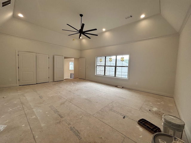 interior space with visible vents, a ceiling fan, and high vaulted ceiling